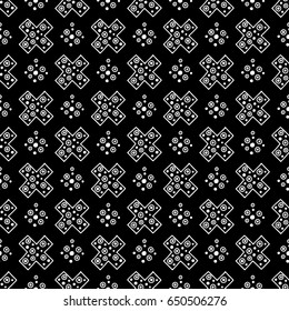 Seamless vector pattern. Black and white geometrical background with hand drawn decorative tribal elements. Print with ethnic, folk, traditional motifs. Graphic vector illustration.