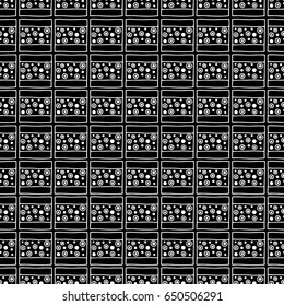 Seamless vector pattern. Black and white geometrical background with hand drawn decorative tribal elements. Print with ethnic, folk, traditional motifs. Graphic vector illustration.