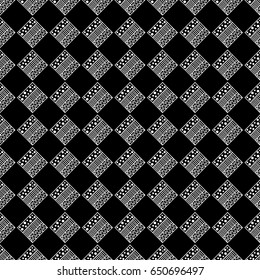 Seamless vector pattern. Black and white geometrical background with hand drawn decorative tribal elements. Print with ethnic, folk, traditional motifs. Graphic vector illustration.