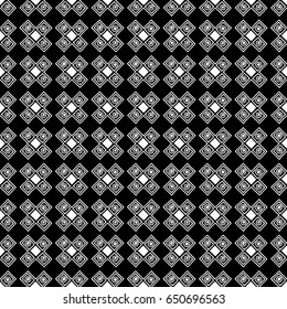 Seamless vector pattern. Black and white geometrical background with hand drawn decorative tribal elements. Print with ethnic, folk, traditional motifs. Graphic vector illustration.