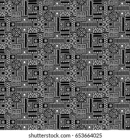 Seamless vector pattern. Black and white geometrical background with hand drawn decorative tribal elements. Print with ethnic, folk, traditional motifs. Graphic vector illustration.