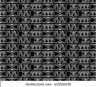 Seamless vector pattern. Black and white geometrical background with hand drawn decorative tribal elements. Print with ethnic, folk, traditional motifs. Graphic vector illustration.