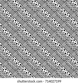 Seamless vector pattern. Black and white geometrical background with hand drawn decorative tribal elements. Print with ethnic, folk, traditional motifs. Graphic vector illustration.