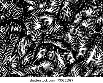 Seamless vector pattern black and white style of chaotically interwoven palm leaves