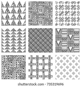Seamless vector pattern. Black and white geometrical background with hand drawn decorative tribal elements. Print with ethnic, folk, traditional motifs. Graphic vector illustration.