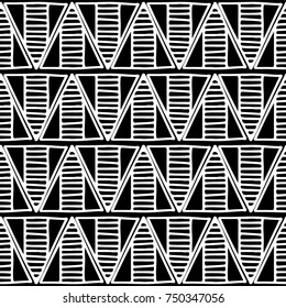 Seamless vector pattern. Black and white geometrical background with hand drawn decorative tribal elements. Print with ethnic, folk, traditional motifs. Graphic vector illustration.