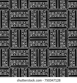 Seamless vector pattern. Black and white geometrical background with hand drawn decorative tribal elements. Print with ethnic, folk, traditional motifs. Graphic vector illustration.