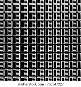 Seamless vector pattern. Black and white geometrical background with hand drawn decorative tribal elements. Print with ethnic, folk, traditional motifs. Graphic vector illustration.