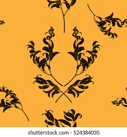 Seamless vector pattern: black willow branches on yellow background