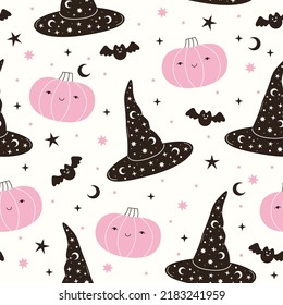 Seamless vector pattern with black witch hat, bat and pink pumpkin. Halloween background with magic elements. Spooky doodle texture for design and print