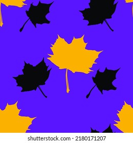 Motif harmonieux d'image vectorielle avec feuilles d'érable noires et jaunes sur fond violet. Illustration de style botanique moderne et design à plat pour l'impression de tissu, papier d'emballage, étiquettes de sirop d'érable.