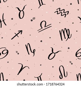 Seamless vector pattern with black zodiac signs on pink background. Space background.