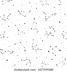 Seamless vector pattern with black zodiacal constellations on white background. Zodiac signs. Space background.