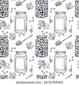Padrão de vetor sem emenda de brancos, geleia em frascos, bagas de viburnum, folhas, colheres com geleia. Todos os objetos são desenhados à mão com tinta. A ilustração é adequada para impressão em papel, para design.