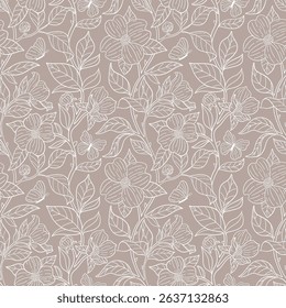 Seamless vector pattern with blooming dogwood and butterflies. Vector hand drawn line illustration. Perfect for wallpaper, fabric, textile, packaging