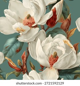 Seamless vector pattern with blooming magnolia isolated on a changeable background. Vintage painting style illustration.