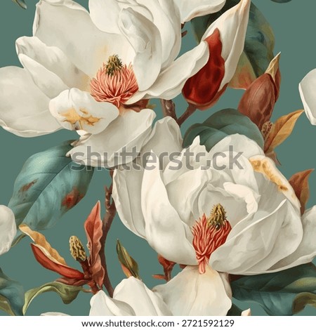 Seamless vector pattern with blooming magnolia isolated on a changeable background. Vintage painting style illustration.