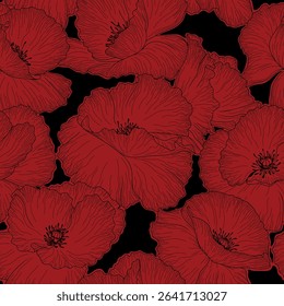 
Seamless vector pattern of blooming poppies in red and black colors.