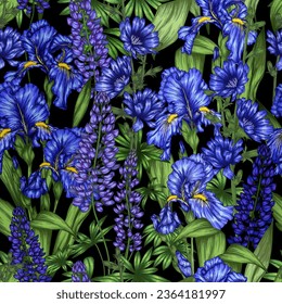 Seamless vector pattern blooming purple-blue garden. Chicory flowers, irises and lupins