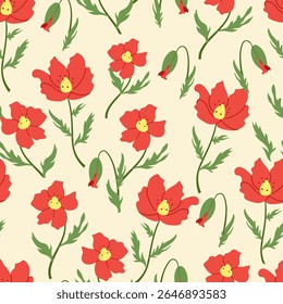 Padrão de vetor sem emenda com papoulas vermelhas florescentes e botões no fundo de creme. Impressão floral delicada para papel de embalagem de primavera e verão, embalagens, têxteis, cartões sazonais e design vintage