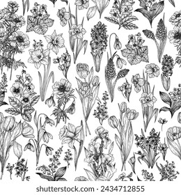 Seamless vector pattern of blooming spring garden. Snowdrops, crocuses, brunnera, tulips, muscari, hyacinths, irises, daffodil, pansies, lily of the valley, anemone, scilla, viola