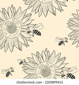 Seamless vector pattern. Blooming sunflower with bees. Cute hedgehog with an apple on his back. Cartoon flat vector illustration. Forest, animal world