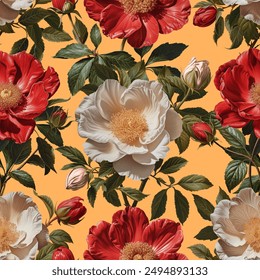 Seamless vector pattern with blooming wild roses on a changeable background.