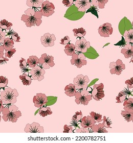 Seamless vector pattern of blossom cherry flowers in gentle pastel colors on bright pink background. Illustration for textile, wallpapers, wrapping paper.