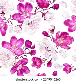 Seamless vector pattern with blossoming apple and apricot branches. Spring blooming trees, pink and white. Pattern in with realistic flowers for textiles, clothes, prints, postcards, advertising