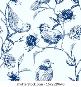 Seamless vector pattern with blossoming branches and birds in pen sketch style