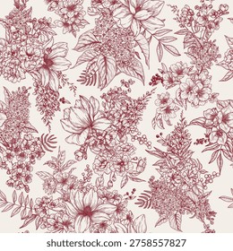 Seamless vector pattern with blossoming inflorescences. Sakura, blossoming apple trees, and cherry trees. Print with spring flowers. Delicate background with blossoming branches.