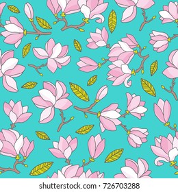 Seamless vector pattern with blossoming magnolia flowers. Good for textile fabric design, wrapping paper and website wallpapers. Vector illustration.