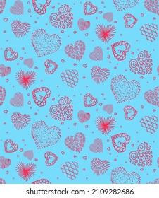 Seamless vector pattern blue background with red hearts. Gift paper for valentine's day