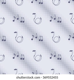 Seamless vector pattern, blue background with notes and headphones.