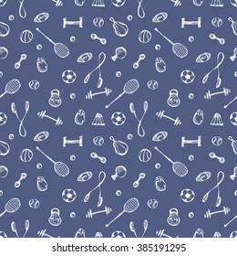 Seamless vector pattern. Blue background with sports equipment. Soccer ball, punching bag, gloves, barbells, dumbbells, racket, rope and weight. Hand sketch drawing. Series of Sporting Patterns