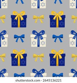 Seamless vector pattern with blue and beige gift boxes, yellow and blue bows, and Star of David symbols, perfect for Hanukkah or Jewish holiday designs.