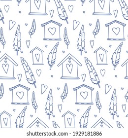 Seamless vector pattern with blue birdhouses, hearts and feathers. Hand-drawn backgrounds for wallpaper, screensavers, backgrounds, fabric