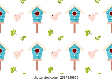 Seamless vector pattern of blue birdhouses with green leaves. Perfect for fabric, wallpaper, and eco-friendly designs