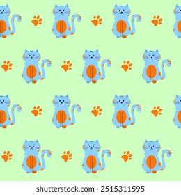 Seamless vector pattern with a blue cat on a green background