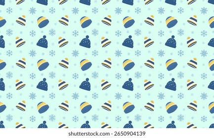 Seamless vector pattern with blue children's hats and snowflakes. Winter pattern.