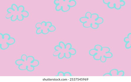 Padrão de vetor sem emenda com nuvens azuis em rosa. Desenho infantil-como desenho sem fim Design com céu rosa com nuvens azuis. Infantile Estilo Berçário Arte ideal para tecido, papel de embrulho. Cores RGB brilhantes.