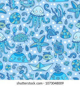 Seamless vector pattern in blue color with underwater world - whale, octopus, crab, jellyfish, turtle. Ocean wild life. Perfect for printing on fabric, wrapping paper, packaging.