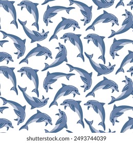 Seamless vector pattern of a blue dolphin in cartoon style. Suitable for baby wallpapers, baby bedspreads, can be printed on fabric for baby clothes. A marine-themed texture with small dolphins