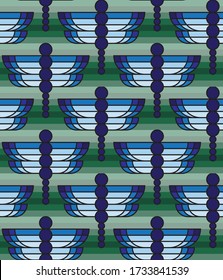 Nahtloses Vektormuster mit blauen Libellen auf gestreiftem grünem Hintergrund. Flügel im Lampenstil aus Tiffany und bekleidete Körper. Farbenvolles Dekordesign für Sommerstimmung. Eleganter Art Deco Stil.
