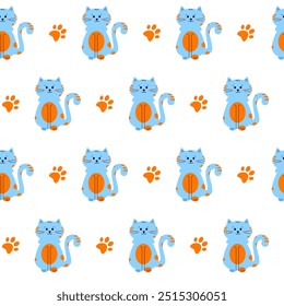 Seamless vector pattern with a blue fairy cat and an orange paw