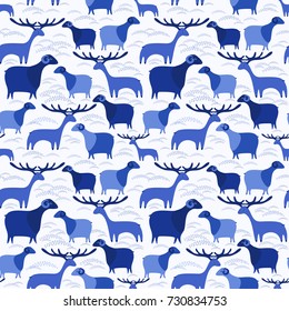 Seamless vector pattern with  blue fawn deer, sheep and lamb on white background