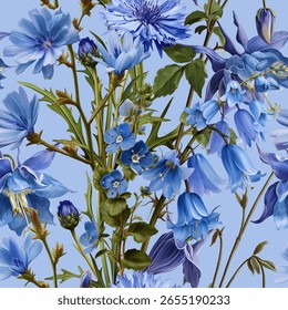 Seamless vector pattern with blue field flowers isolated on a changeable background. Vintage painting style illustration.