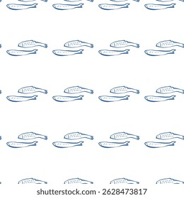 Seamless vector pattern with blue fish forming horizontal stripes on white background in playful hand drawn marine style