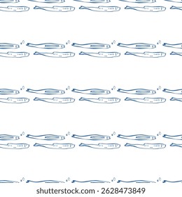 Seamless vector pattern with blue fish forming horizontal stripes on white background in playful hand drawn marine style
