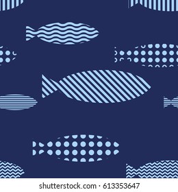 Seamless vector pattern with blue fishes on dark blue swimming to the right